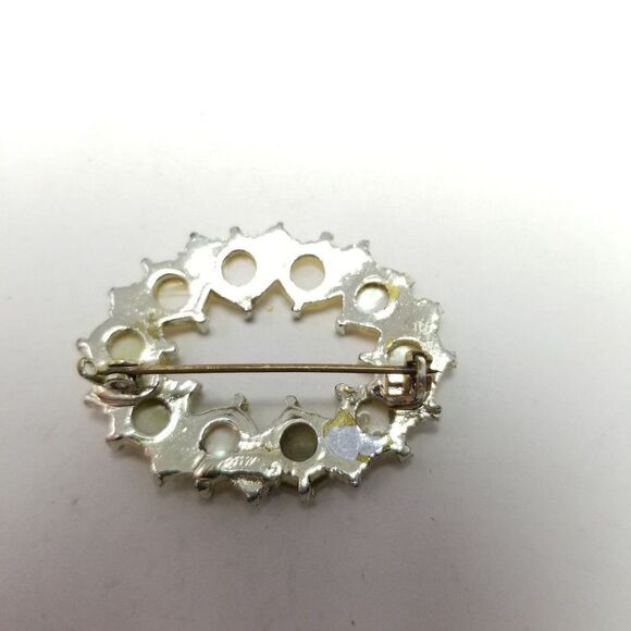 Vintage Pastel Rhinestone and Faux Mother of Pearl Oval Brooch, Retro Lapel Pin - Picture 4 of 6